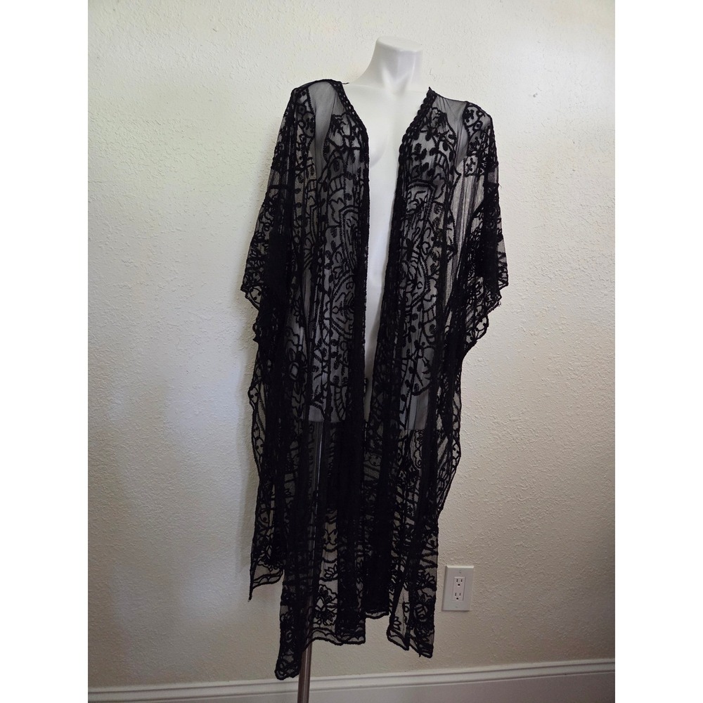 Black‎ Sheer Lace Kimono Duster Open Front Embroidered Mesh Cardigan One Size